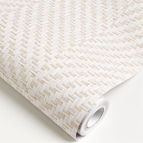 Rugreat Striped Grasscloth Wallpaper Peel and Stick Textured Grass Cloth Contact Paper for Cabinets Herringbone Fabric Wallpaper for Bedroom Beige Faux Linen Contact Paper Removable 197inL 17.3inW - size: 17.3" x 197"