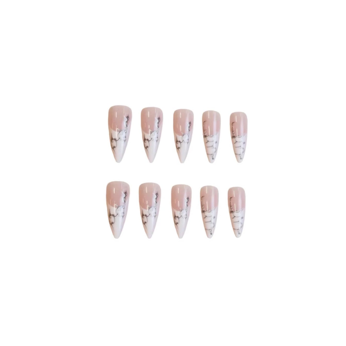SINHOT Stiletto Press on Nails - Long Fake Nails, Glossy Finish, 3D Silver Chain & White French Tip, Reusable Artificial False Nail Art - 24 Pcs Nail Kit with Glue