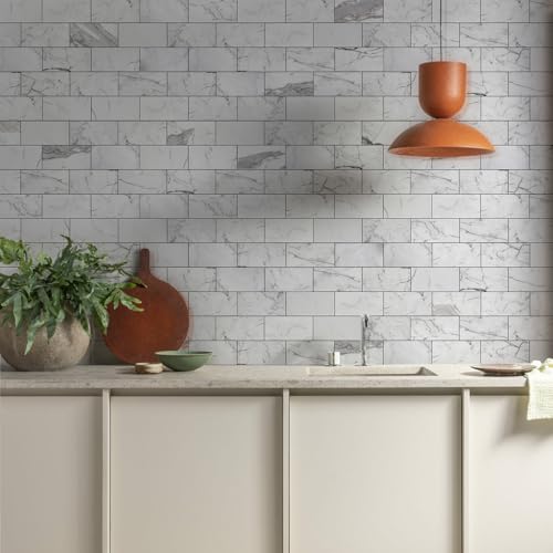 Vamos Tile 100-Piece Glossy Statury White Peel and Stick Backsplash Tile,3''x6'' PVC Subway Tile with Dark Gray Grout, Stick on Backsplash for Kitchen/Bathroom/Fireplace - color: Statury White with Dark Gray Grout
