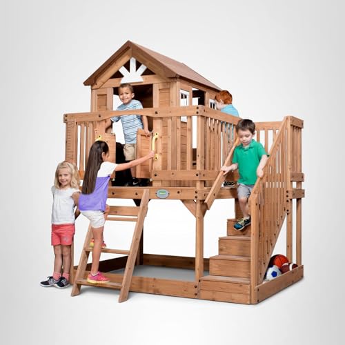 Backyard Discovery Scenic Heights Elevated Cedar Wooden Kids Playhouse with Play Kitchen, Wrap-Around Deck, Toy Storage Bench, Saloon-Style Doors, Ladder, Stairs, and Growth Chart for Outdoor Play