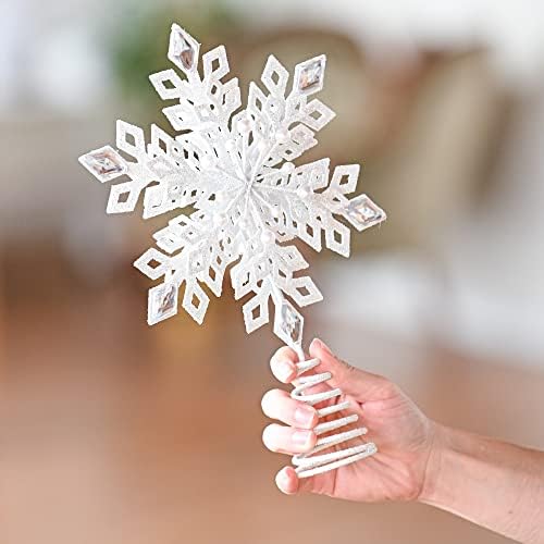 White Glitter Snowflake Tree Topper - 11.5" Christmas Decor Gem Design