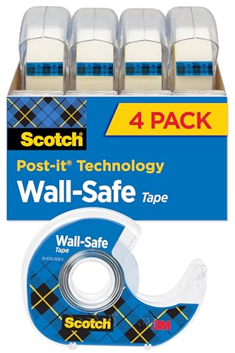 Scotch Wall-Safe Tape, 4 Dispensered Rolls, Sticks Securely, Removes Cleanly, Invisible, Designed for Displaying, Photo Safe, 3/4 in x 650 in (4183) - size: 4 Rolls