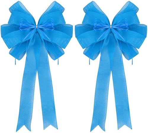 2 Pack Blue Christmas Tree Bows 12x20inch Large Burlap Wreath Bow with Glitter String for Christmas Tree Topper,Home Front Door Decor,Easter Bow,Valentines and Party Decor