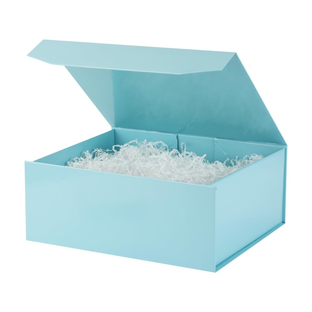 PACKGILO 1 Pcs Blue Gift Box Large 13x11x5.3 Inch Large Gift Boxes with Lids for Presents Magnetic Box with Crinkle Paper Luxury Bule Box with Shredded Paper