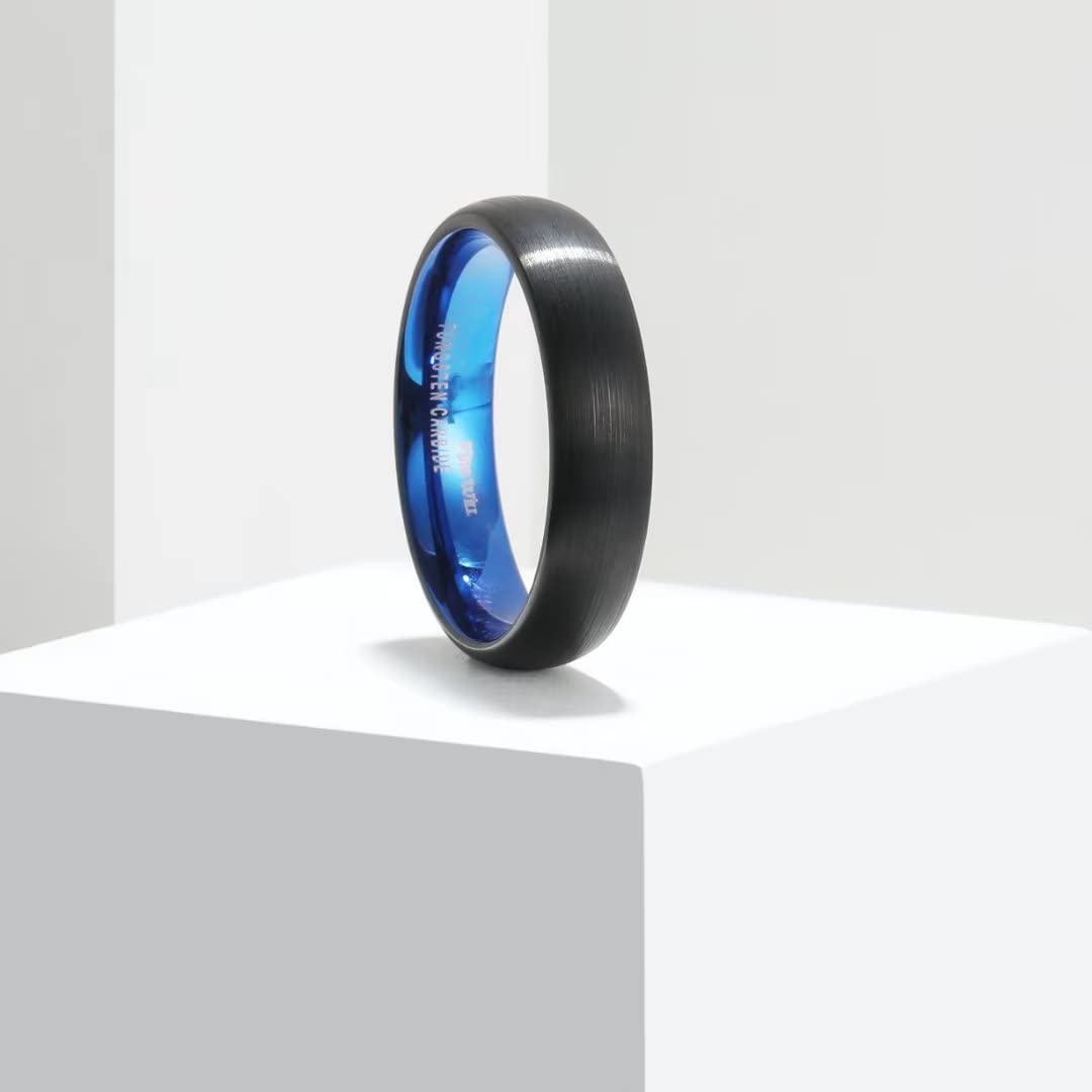 King Will 5mm Black and Blue Wedding Band for Men Women, Domed Brushed Tungsten Carbide Rings, Comfort Fit, Size 10.5