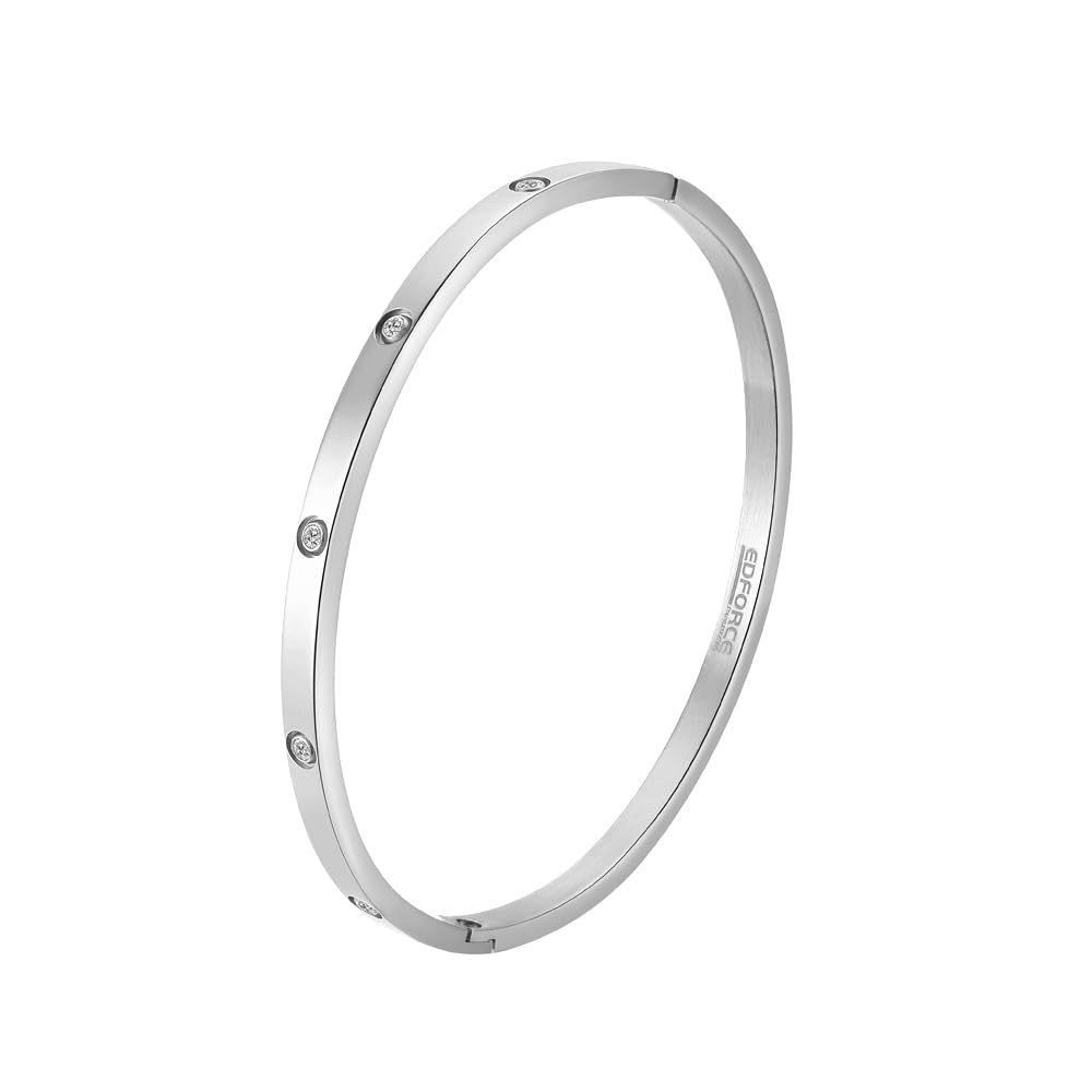 Edforce Stainless Steel 4mm Width Thin Love CZ Bangle Bracelet for Women (Silver)