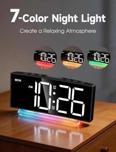 Cadmos Digital Alarm Clock - Extra Loud for Heavy Sleepers Adults Teens Kids, Rainbow Bedside Clock for Bedrooms, Large Display, 7 Color Night Light, Weekday & Weekend, 12/24h (Black+Dynamic)