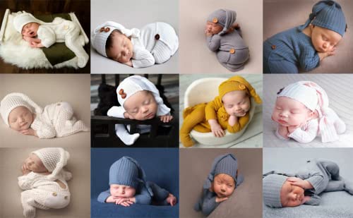 Newborn Baby Photo Shoot Props Girl Boy Crochet Knit Hat Costume Stripe Hat Pants Overalls Photography Props - color: Off-white