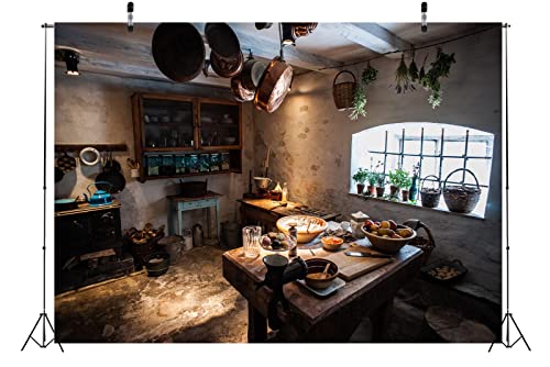 BELECO 15x10ft Fabric Rustic Old Rural Farmhouse Kitchen Interior Backdrop Western Inn Restaurant Kitchen Utensils Dining Table Cooking Background Countryside Theme Church Event Portrait Photo Props