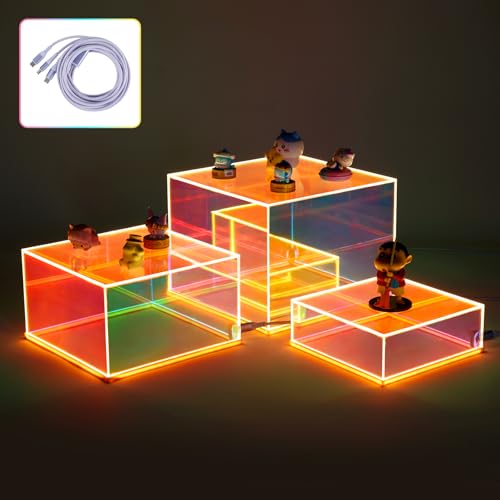 3Pcs Iridescent Acrylic Display Risers with LED light Plug and Play, Lighted Stackable Acrylic Cube Boxes Stand with Hollow Bottom for Figures Jewelry Perfume Purse Liquor Food Buffet Riser - color: Iridescent-LED light-3pcs