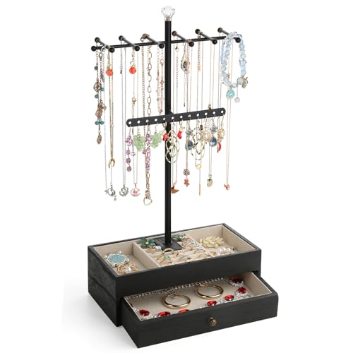Meangood Jewelry Organizer Stand, 3-Tier Necklace Holder Jewelry Tree with Wooden Storage Drawer Box for Necklace Bracelet Earring Ring,Black - color: Dark Black