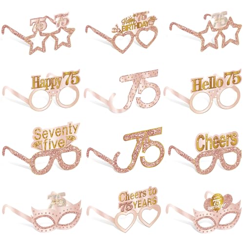 Guiruiy 24PCS 75th Birthday Eyeglasses Decorations for Women, Pink Rose Gold Happy 75th Birthday Paper Eyeglasses Party Supplies, Seventy five Year Old Bday Glasses Decor - style: Rose Gold 75th