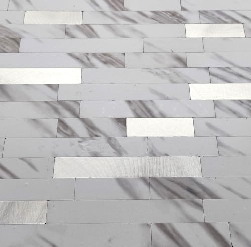 10-Sheet Peel and Stick Backsplash Tile, PVC Mixed Metal Stick on Kitchen, Bathroom Vanities, Fireplace Décor, Laundry Table(White Marble + Silver-2) - color: White Marble + Silver-2
