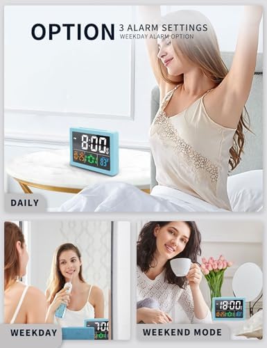 JALL Digital Clock with Date Day for Seniors, Electric Alarm Clocks for Bedrooms with Temperature, 2 Alarms, Dimmer, Dual USB Charger, Battery Backup, Volume Control, Snooze, Bedside Desk Clock, Blue