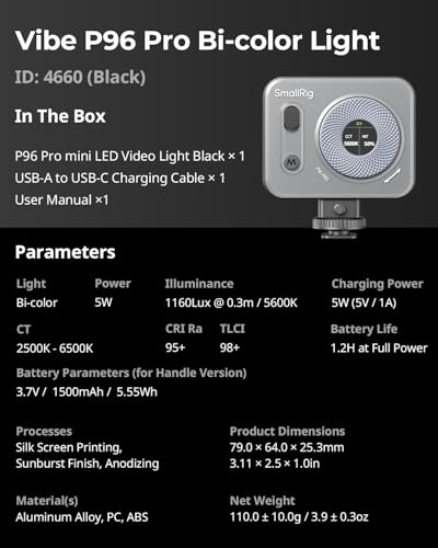 SMALLRIG Vibe P96 Pro Led Video Light, Portable Camera Light for Photography, Cold Shoe Light, CRI95+, 2500-6500K, 5 Effects, Fill Light Accessories for Content Creator, Streaming Black