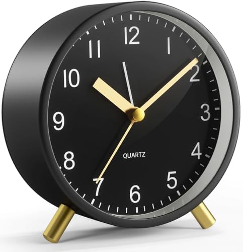 Analog Alarm Clock, Silent Non-Ticking with Night Light, Fashionable Round Metal Alarm Clock for Office, Battery Operated, Clock for Bedroom, Elderly, Adults, Children, Student Gifts