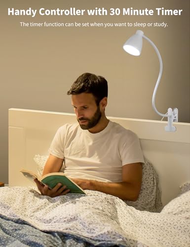 BOHON Clamp Lamp Reading Light 5 Color Modes 10 Brightness Dimmer Bedside Lamp 10W 38 LED Desk Lamp with Auto Off Timer 360° Flexible Gooseneck Clip on Light for Bed Office, Adapter Include, White - color: White