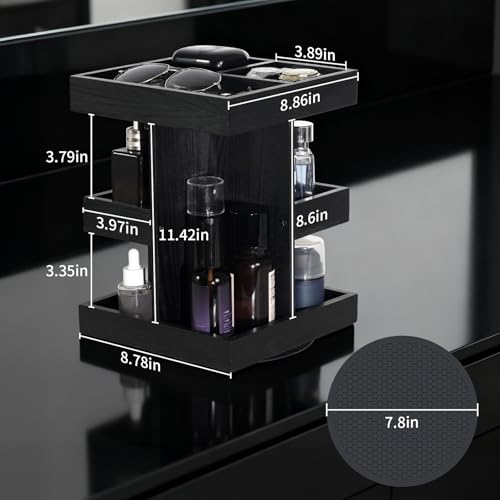 Cologne Organizer for Men, 3-Tier Rotating Cologne Stand with Non-Slip Pads, Large Capacity Wood Perfume Shelf for Desk & Nightstand, Gifts for Men Husband Birthday (Black)
