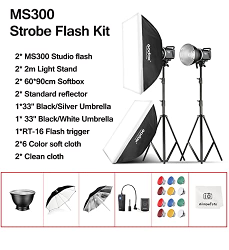 2pcs Godox MS300 Studio Flash Kit for Photography Lighting,600W Professional Bowens Mount Strobe Flash Monolight with Softbox,Trigger,Stands,Umbrellas,Reflectors for Photo Product Portrait Shooting
