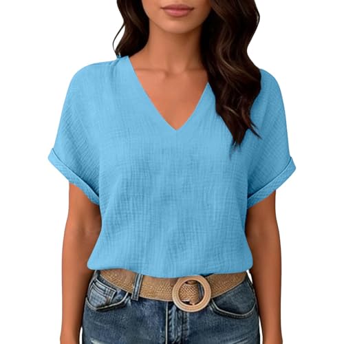 Womens Shirts Cotton Linen v Neck Short Sleeve Blouses Casual Loose Fit Textured Summer Pullovers Daily Wear - color: A01-light Blue, size: X-Large