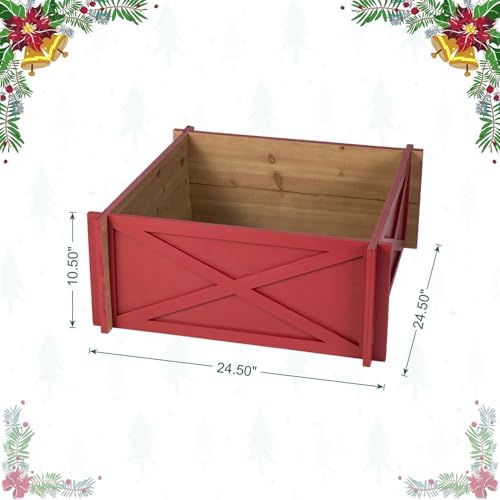 Glitzhome Christmas Tree Collar, 24.5" L Farmhouse Red Handcrafted Wooden Tree Collar Tree Stand Cover Decorative Christmas Tree Skirt Collar for 7.5ft Tree Holiday Decor