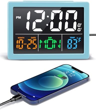 JALL Digital Clock with Date Day for Seniors, Electric Alarm Clocks for Bedrooms with Temperature, 2 Alarms, Dimmer, Dual USB Charger, Battery Backup, Volume Control, Snooze, Bedside Desk Clock, Blue