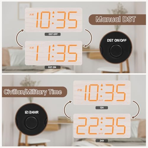 DreamSky Wooden Digital Alarm Clock for Bedroom with Large Numbers | Loud Alarm Clock for Heavy Sleepers with Volume Control, Desk Clocks for Living Room, Dimmer, DST, Wood Decor (Plug in Clock)