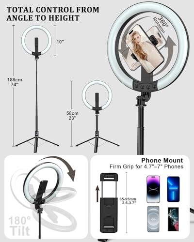 Vlogging Kit for iPhone/Android, 10” Ring Light with Stand, 74” Tripod for iPhone with Light, Microphone, YouTube Starter Kit for TikTok Content Creator