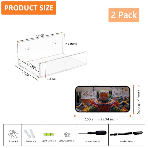5'' Clear Acrylic Wall Shelf 2 Pack, 5 Inch Small Wall Shelves Display for Small Space - color: Clear, size: 5 Inch