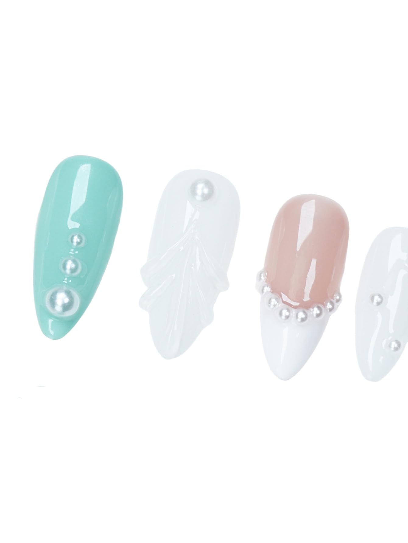 3D Pearl White Floral Red Press On Nails for Wedding, Handmade Medium Almond Nude Base White French-Tip Gel Acrylic 30pcs Reusable (Wedding Collection, Size M)