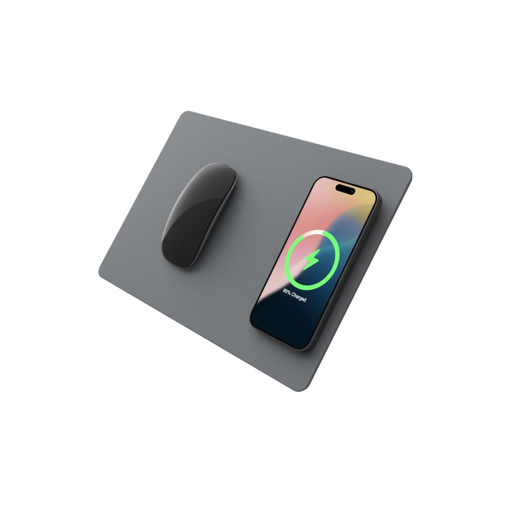 POUT H3 Wireless Charging Mouse Pad – Qi-Enabled Fast Charger Built into Sleek Desk Mat, Compatible with Phones, Earbuds & More(Dust Gray)