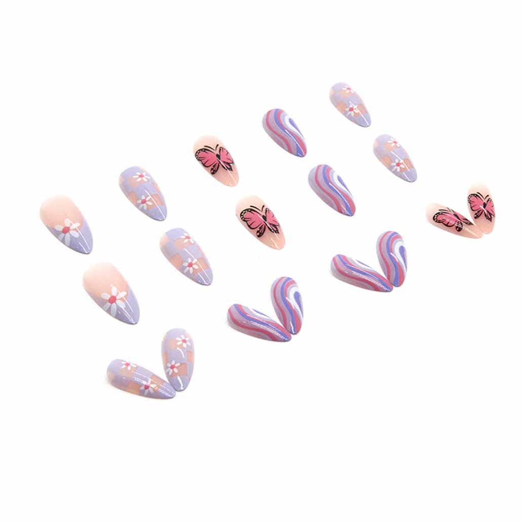 Foccna Butterfly Press on Nails Medium, Amlond Fake Nails Acrylic False Pink Nails,Artificial Nails for Women and Girls 24 pcs