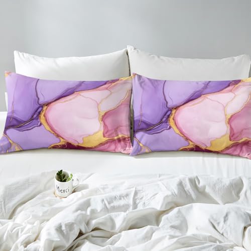 Marble Sheet Set - Pink Purple Gold Bed Sheets, Soft Modern Texture Pattern, Full Size 4-Piece Girly Bedding Set (1 Fitted Sheet, 1 Top Sheet, 2 Pillowcases) - color: Multi 01, size: Full