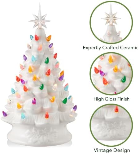 Casafield Hand Painted Ceramic Christmas Tree, White 15-Inch Pre-Lit Tree with 128 Multi Color Lights and 2 Star Toppers