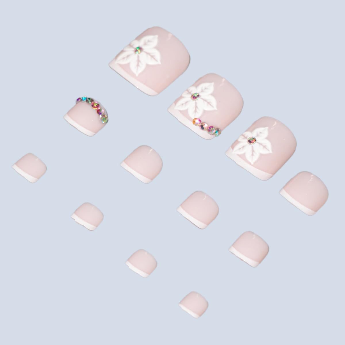 Flower Press on Toenails Short Square Fake Toe Nails White French Tip False Toenails 3D Floral Toe Press on Nails with Rhinestones Design Glossy Pink Acrylic Toe Nails for Women Manicure 24Pcs