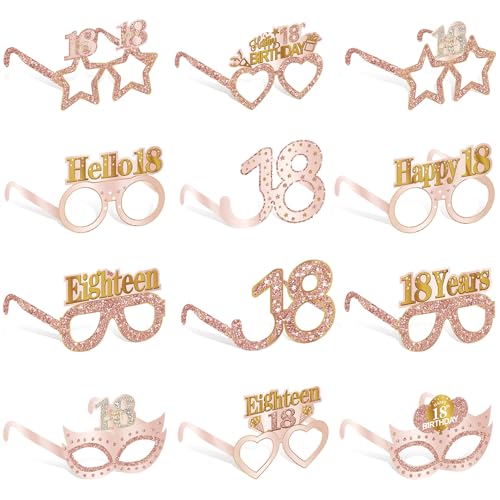 Guiruiy 24PCS 18th Birthday Eyeglasses Decorations for Girls, Pink Rose Gold Happy 18th Birthday Paper Eyeglasses Party Supplies, Eighteen Year Old Bday Glasses Decor - style: Rose Gold 18th