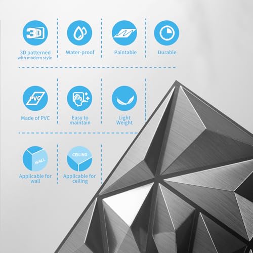 Art3d 33-Pack 3D Wall Panels - Diamond Textured Feature Paneling for Gaming, Living Room, TV Wall - 12 x 12 inch Silver - color: ‎Silver, size: 12x12 Inch 33 pcs
