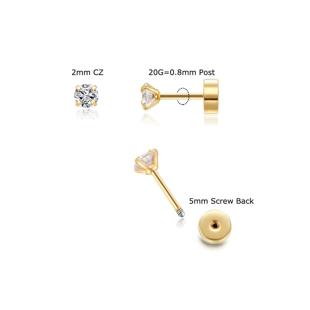 Tiny Flatback 2mm CZ Stud Earrings,Flat Screw Back Cubic Zirconia Earrings Helix Earrings Cartilage Tragus Piercing Jewelry Gift for Women(2mm CZ, 14K Gold)