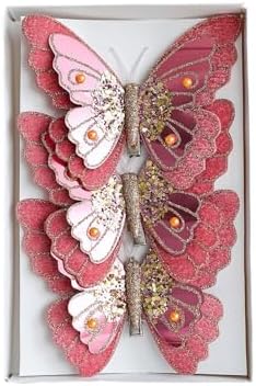 LEBETE Pack of 3 Double Layer Butterfly Christmas Tree Clips Accessory Elegant Fabric Ornaments for Holiday Decorations