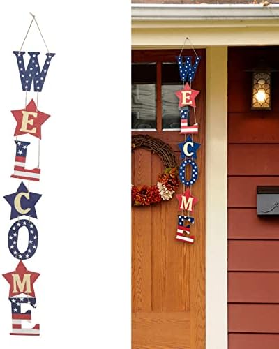 July 4th Door Hanger | Patriotic Wooden Front Door Decoration for Home/Shop/Party | Sturdy Wall Hanging Ornament with Festive Design