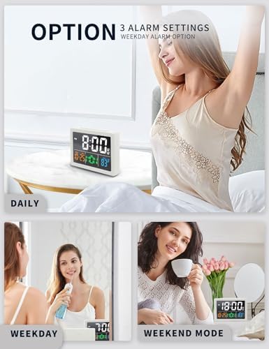 JALL Digital Clock with Date Day for Seniors, Electric Alarm Clocks for Bedrooms with Temperature, 2 Alarms, Dimmer, Dual USB Charger, Battery Backup, Volume Control, Snooze, Bedside Desk Clock, White