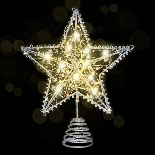 Emopeak Iron Art 20 LED Christmas Tree Topper, 8 x 10Inch Indoor Outdoor Star Treetop Light Two Modes (Keep Light ON/Flash) for 1.5Ft to 9Ft Christmas Tree (Silver, 8 x 10 Inch)