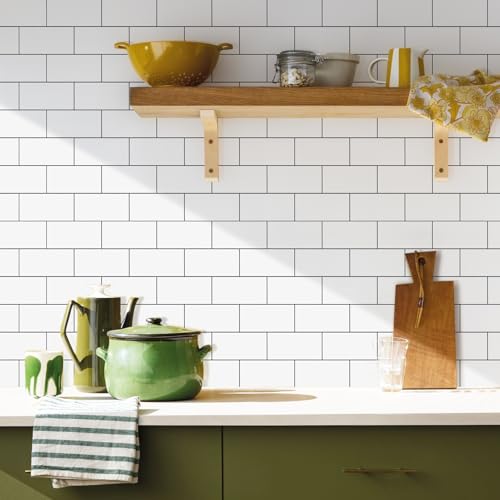 Vamos Tile 100-Piece Glossy Pure White Peel and Stick Backsplash Tile,3''x6'' PVC Subway Tile with Dark Gray Grout,Stick on Backsplash for Kitchen/Bathroom/Fireplace - color: Pure White