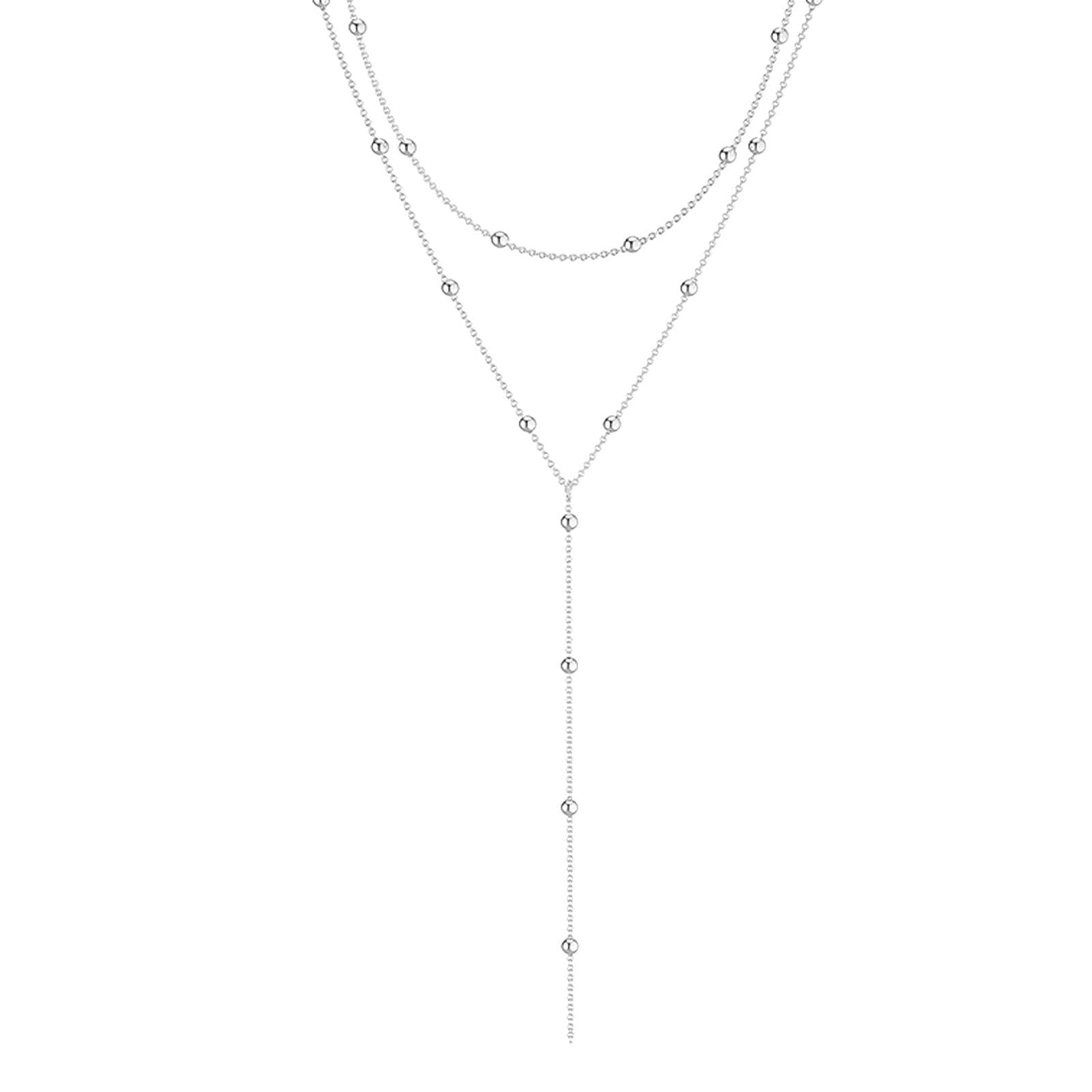Zeffy Dainty Long Silver Necklaces for Women Trendy Lariat Y Necklace Layered Beaded Drop Necklaces Simple Y-Shaped Chain Jewelry Gift Wedding