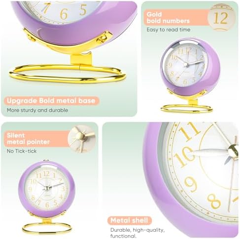 Tetino Analog Alarm Clocks,Retro Backlight Cute Simple Design Small Desk Clock with Night Light,Silent Non-Ticking,Battery Powered,for Kids,Teens,Bedroom,Travel,Kitchen,Bedside Desk Decor. (Purple)