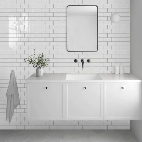 Vamos Tile 100-Piece Glossy Pure White Peel and Stick Backsplash Tile,3''x6'' PVC Subway Tile with Dark Gray Grout,Stick on Backsplash for Kitchen/Bathroom/Fireplace - color: Pure White