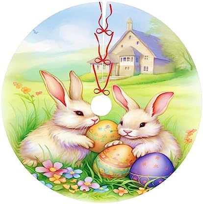 Easter Bunnies Eggs Christmas Tree Skirts 30", Xmas Tree Cloth Mats Trees Skirts for Decor Gift, Home Decoration