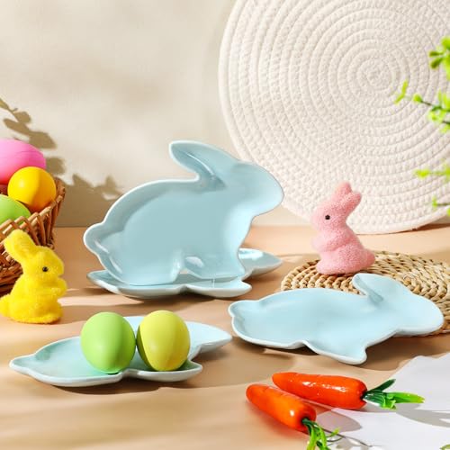 Jinei 4 Pcs Easter Bunny Shaped Plates Ceramic Serving Candy Dishes Rabbit Dinner Tray Salad Dessert Appetizer Plates Dinnerware for Easter Party Spring Garden Tea Party Supplies((Blue) - color: Blue