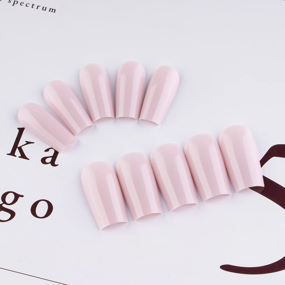 Xcreando Baby Pink Press On Nails Medium Long Square Coffin, Acrylic Glue On Nails, Solid Color Fake Nails for Women, Natural Thick Artificial Stick On