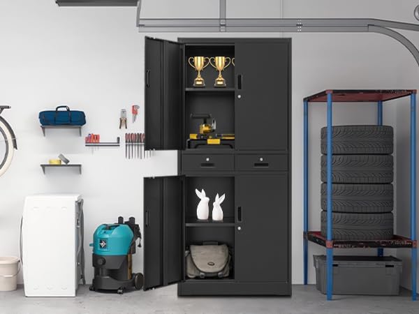 BESFUR Metal Cabinet, Garage Storage Cabinet with Drawers and Adjustable Shelves for Garage, Office, Classroom- Black